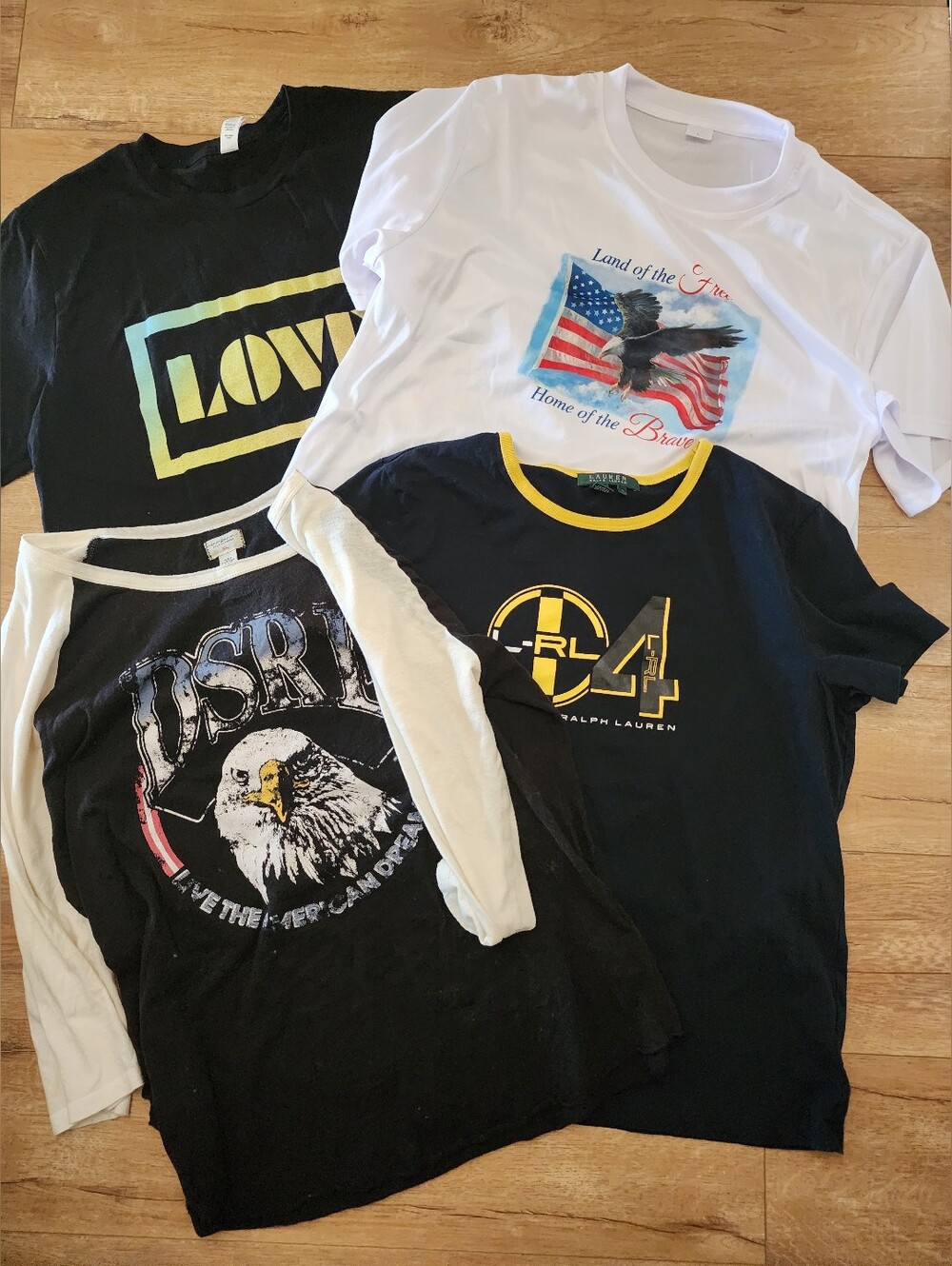 LOT OF 4 Ralph Lauren USA Flag Canvas T-shirts Tops Womens L Black Navy White